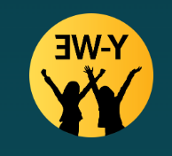 Y-WE logo with two figures with their arms in the air in celebration